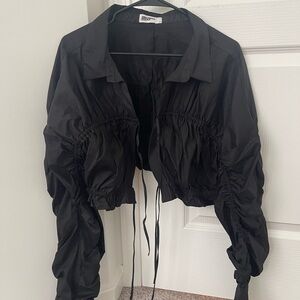 Mistress Rocks Ruched Sleeve Tie Crop Top